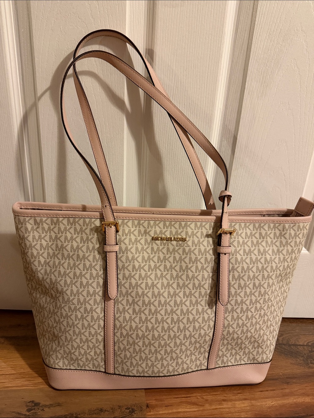 Michael Kors Beige MK Logo Large Tote with Pink Trim